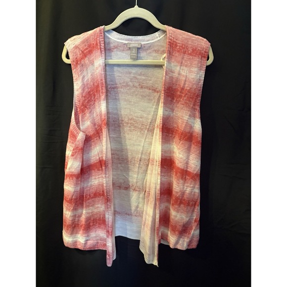 🌺 Chico's Size 3 Open Front Sleeveless Cardigan Vest – Pink Watercolor Stripe – - Picture 2 of 6